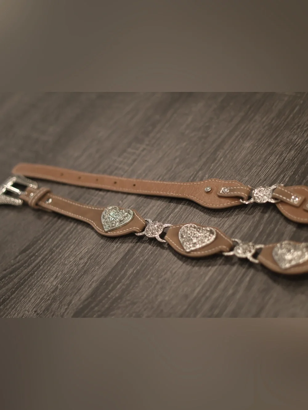 Western Concho Heart Belt Brown Faux Leather Silver Engraved Buckle Boho Cowgirl